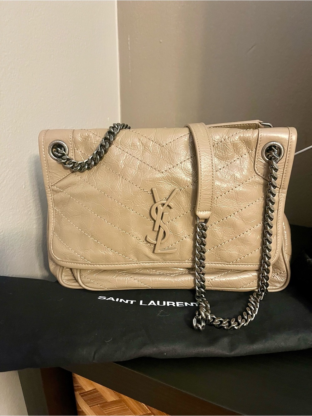 Saint Laurent Quilted Beige Leather Shoulder Bag with Silver Chain
